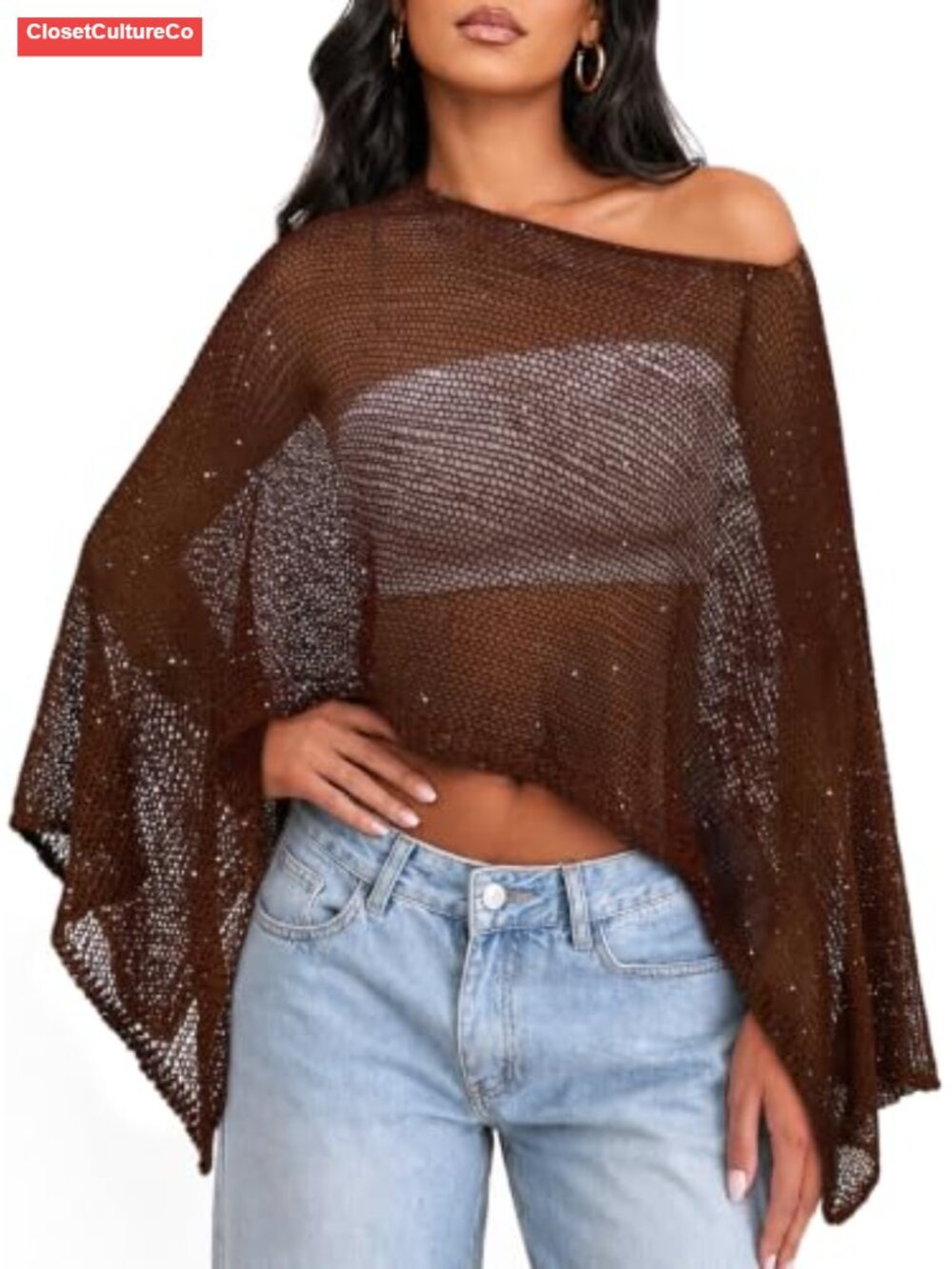 Crochet Knit Off Shoulder Batwing Sleeve Cover Up Top